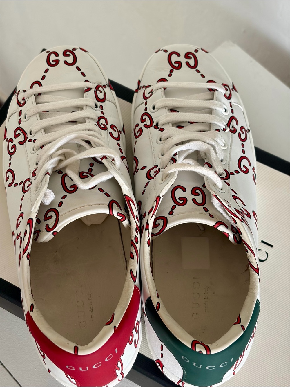 Gucci White Leather Sneakers with Red GG Motif and Green Heel Tab - Picture 5 of 11